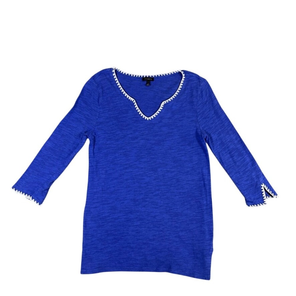 Talbots Blue Cotton Linen V-Neck 3/4 Sleeve Top with White Whipstitch Trim Small